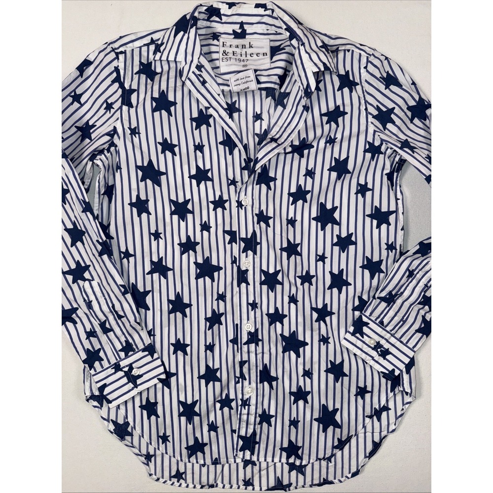 Frank & Eileen Frank Shirt XS Blue White Striped Star Print Cotton Button Up